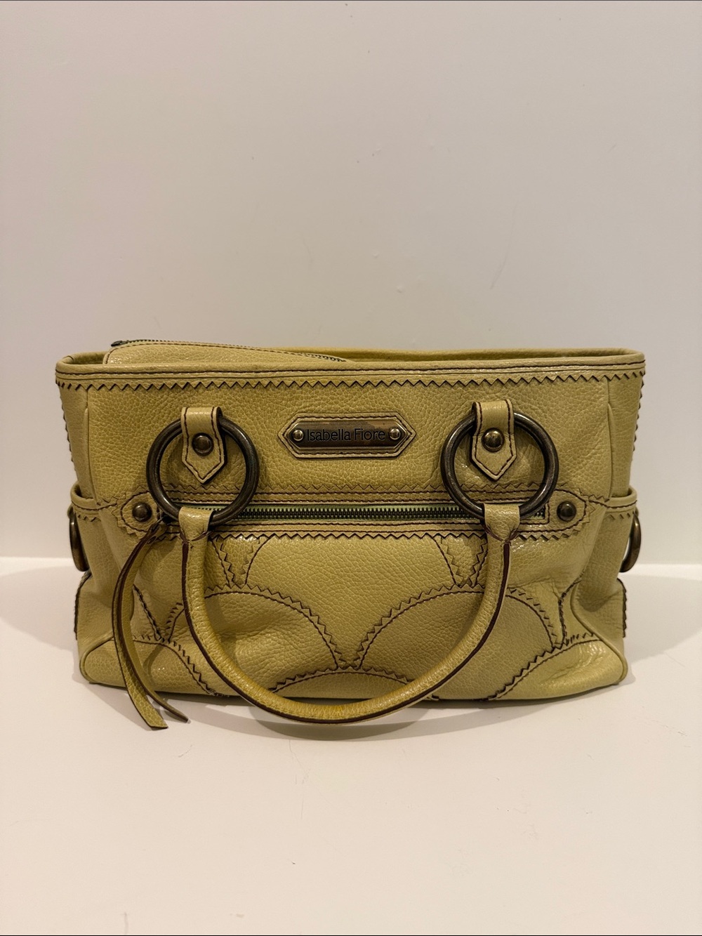 Isabella Fiore chartreuse leather satchel with ring hardware
